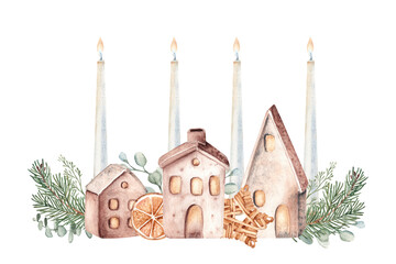 Christmas Advent Composition. Fourth Advent. Candles with Ceramic houses in Fir Branches and eucalyptus. Orange slice and Winter berries. Cozy home decoration in Rustic style. Watercolor Hand drawn
