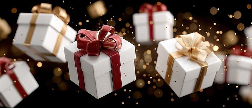 Beautifully wrapped gift boxes with luxurious bows create a festive atmosphere, adding charm to celebrations and special occasions