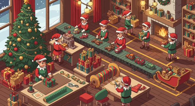 Christmas elves working in Santa's workshop, making toys and wrapping gifts. - Powered by Adobe