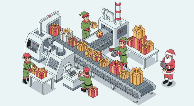 Isometric illustration of Santa's workshop with elves working on a conveyor belt of Christmas gifts.