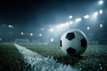 Fototapeta premium Close-up of Soccer Ball on Field Line Under Stadium Lights at Night