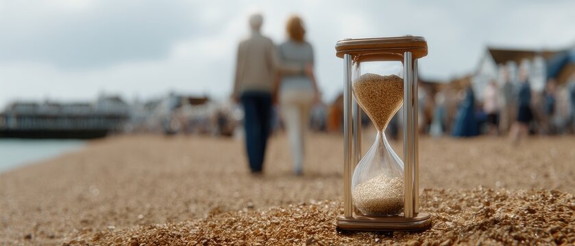 Two individuals stroll along a quiet path as sand falls in an hourglass, symbolizing the passage of time in a tranquil setting