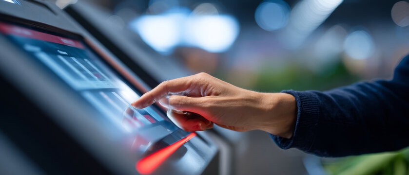 Close-up of a person using a touchscreen interface on a modern device with blurred background and soft lighting
