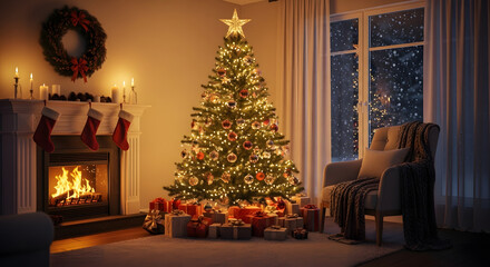 Festive Christmas event decorated tree and decorate room. 
