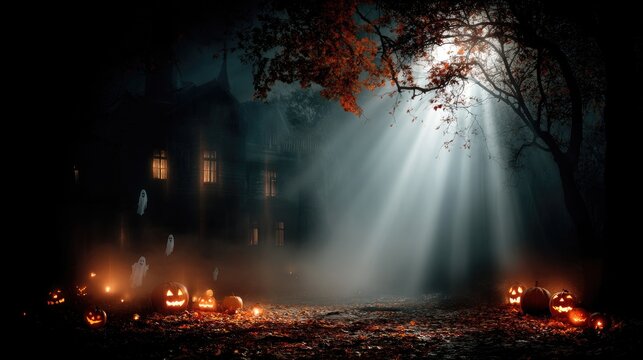 A charming house glows softly at night, adorned with pumpkins and surrounded by autumn foliage under a full moon