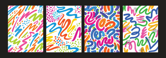 Set of four playful abstract hand drawn brushstroke patterns in bright colors perfect for textiles children products and art