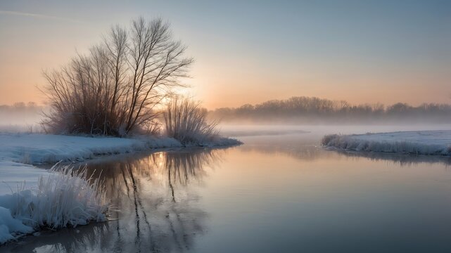 R&iacute;o tranquilo cubierto de nieve al amanecer con &aacute;rboles desnudos y reflejos en el agua