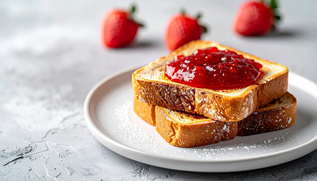 Sweet toast with strawberry jam on white ceramic plate, tasty breakfast, appetizing food. - Powered by Adobe
