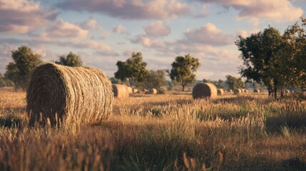 Autumn field with scattered hay bales, cinematic ultra realistic 8k