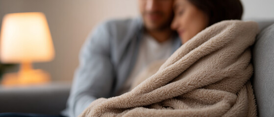 Cozy couple wrapped in soft beige blanket sitting closely on sofa with warm ambient lighting in background