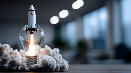 A rocket launching from a light bulb in an office interior represents startup energy, business growth, and creative innovation