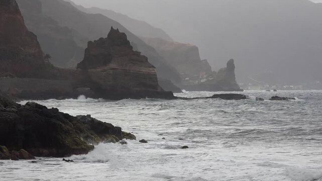 CAPE VERDE - 9.4.2025 - Waves lap the shores of the Fontainhas Region of Santo Antao Island, Cape Verde.
