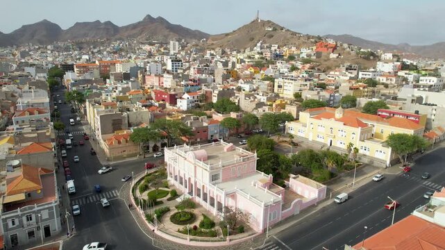 CAPE VERDE - 9.4.2025 - Good aerial view of a busy intersection in Mindelo, Cape Verde.