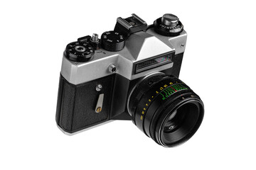 Classic analog film camera isolated on white background. Perfect for photography themes, retro designs, or creative advertising projects.