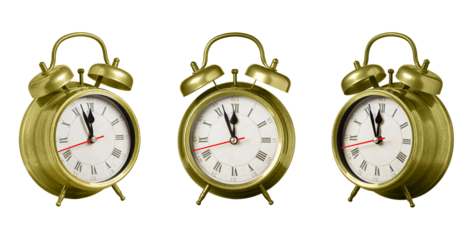 set collection retro clock, watch, pointer clock, Yellow color alarm clock on isolated white background close up