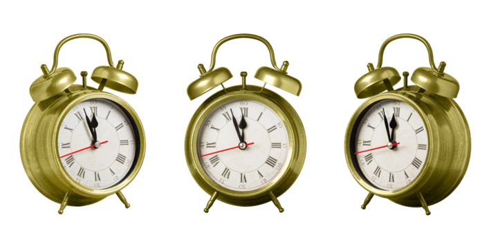 set collection retro clock, watch, pointer clock, Yellow color alarm clock on isolated white background close up