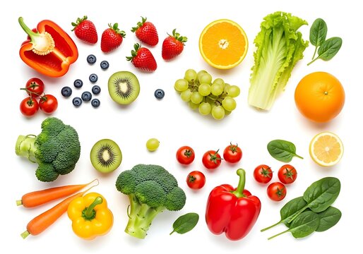 Assortment of fresh fruit and vegetable isolated on white