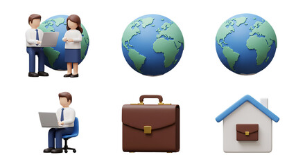 Cartoon people with laptops and earth globes and a briefcase and house on a black background