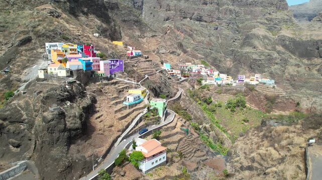 CAPE VERDE - 9.4.2025 - Very good aerial footage pulling back from colorful housing on the hills of Cape Verde's Fontainhas village.