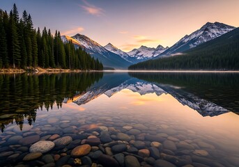 Mountain lake reflection at sunrise with clear water