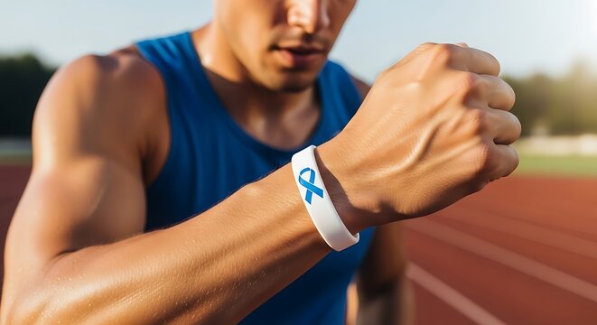 Male athlete wearing blue wristband for health awareness,  Blue November, Men's Health Awareness 