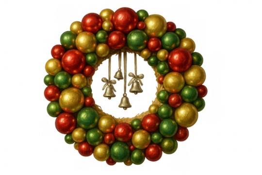 Christmas wreath with golden, red, and green baubles and hanging bells, symbolizing holiday joy and festive tradition