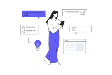 Online survey concept. Woman choosing right answers for filling online quiz at mobile phone screen. Flat Cartoon Vector Illustration, icon Stylish abstract design landing page web