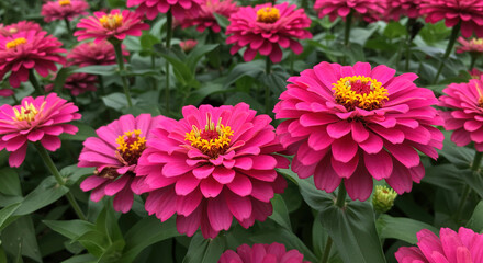 Close-up of vibrant pink Zinnia flowers in a garden setting. flo
