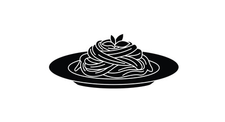 A simple black and white illustration of pasta served on a plate