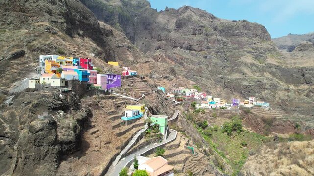 CAPE VERDE - 9.4.2025 - Great aerial footage starting to circle colorful housing on the hills of Cape Verde's Fontainhas village.