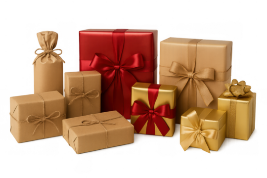 Grouping of various wrapped gift boxes with ribbons, symbolizing giving, generosity, and celebration. Transparent background