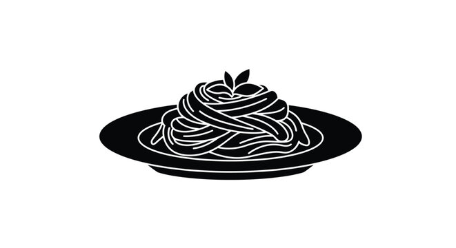 A simple black and white illustration of pasta served on a plate