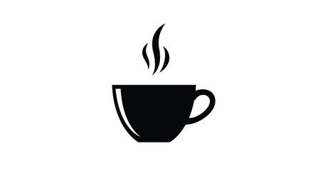 Simple black and white illustration of a steaming hot coffee cup