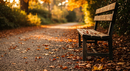 Rustic wooden bench beside a gravel path with fallen autumn leaves scattered around