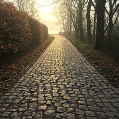 Cobblestone Path in Autumn Sunlight fall park trees golden light