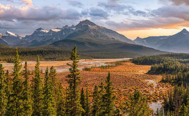 Sunset autumn colors at the Howse Pass Viewpoint at the North Saskatchwan River Crossing just off the Icefields Parkway in the Banff National Park
