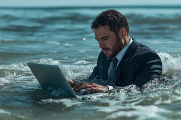 Stressed out businessman drowning in the ocean 