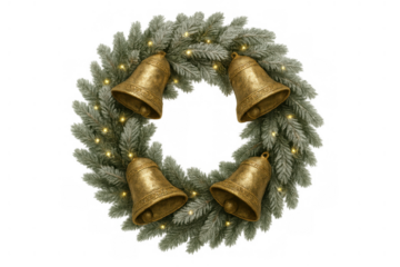 Christmas wreath decorating door or wall for holiday season, featuring golden bells and illuminating string lights on pine branches