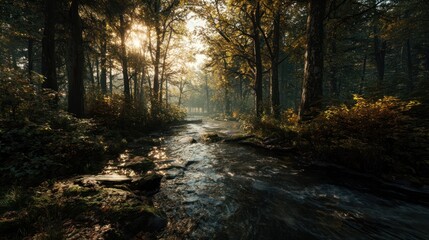 Fototapeta premium Autumn forest with river flowing, soft sunlight, cinematic 8k realism