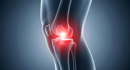 Close-up of a knee with glowing area signifying pain or inflammation, knee pain, arthritis, knee injury. 3D Rendered Close-Up Image of Human Knee Joint with Red Highlight. 
