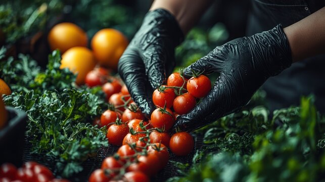 Gloved hands arranging fresh cherry tomatoes and kale. - Powered by Adobe