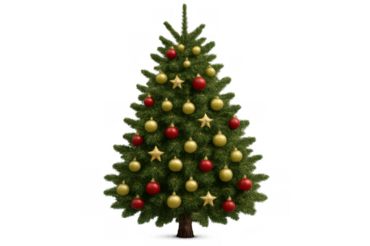 Christmas tree decorating with festive red and gold ornaments, stars, and transparent background