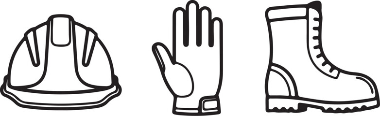 Black and white line art of construction safety gear: hard hat, glove, boot protection work on transparent background