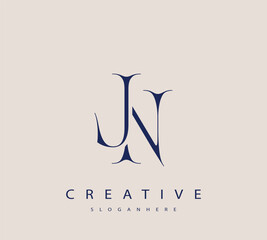 Sophisticated and stylish letter logo design featuring the combination of the letters J and N in dark blue color scheme perfect for branding stationery website headers or social media graphics