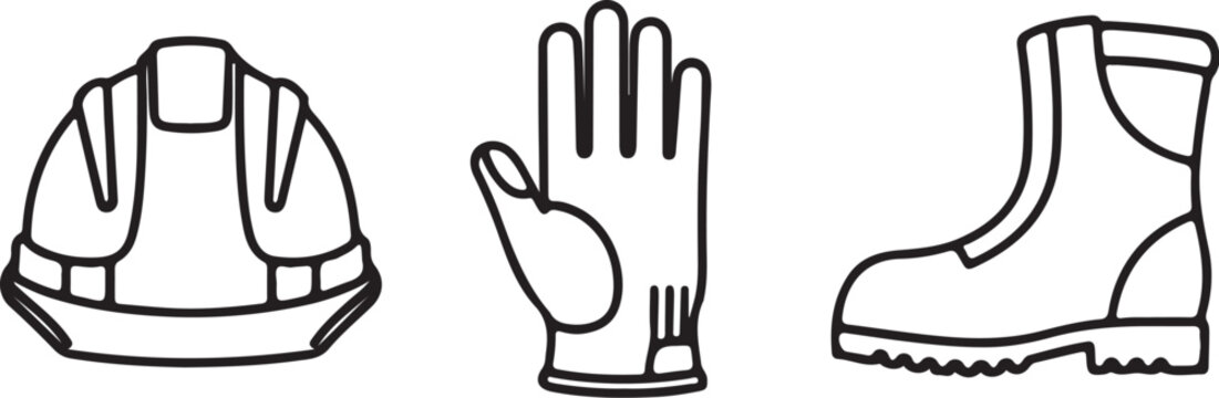Construction Safety Gear Icons Silhouette Set hard hat glove on transparent background