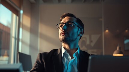 Fototapeta premium Businessman using a laptop while working late in his office