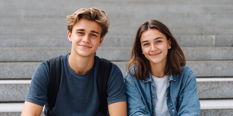 Two smiling teenagers, a young man and woman, sitting on stone steps, enjoying a moment together, showcasing friendship and youthful joy in a casual outdoor setting