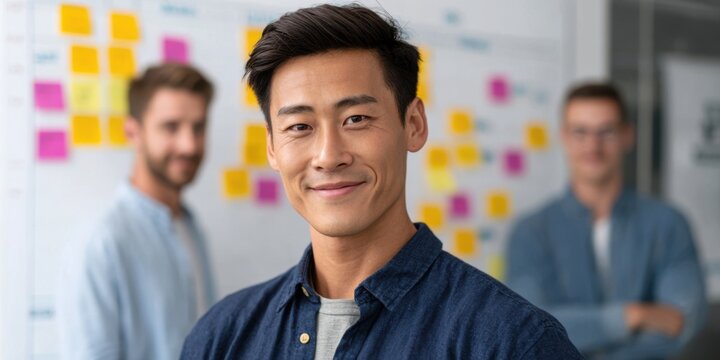 Asian man smiling confidently in a modern office environment, with colleagues in the background discussing ideas and colorful sticky notes on the wall, showcasing teamwork and collaboration