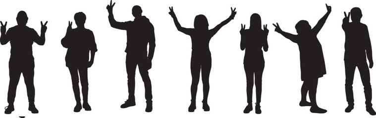 Fototapeta premium vector, silhouette of a group of women and men showing v sign