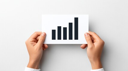 Hands holding a white card displaying a black bar graph, symbolizing growth and progress in business, with a clean and minimalistic background emphasizing the data visualization concept